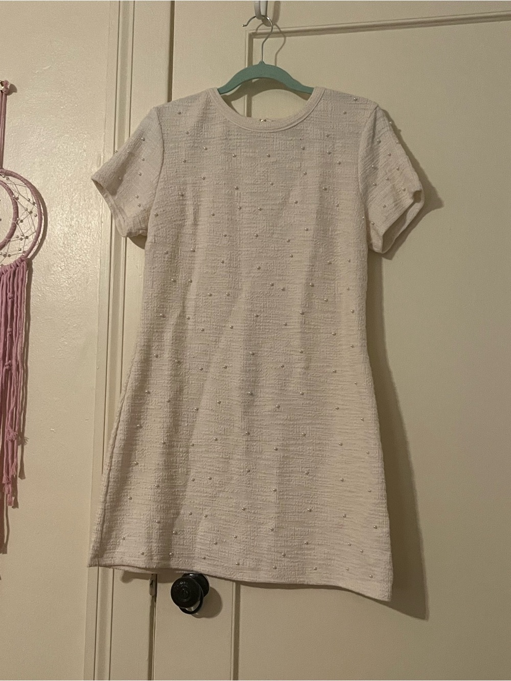 Women’s White Pearl-Accent Short Sleeve Dress